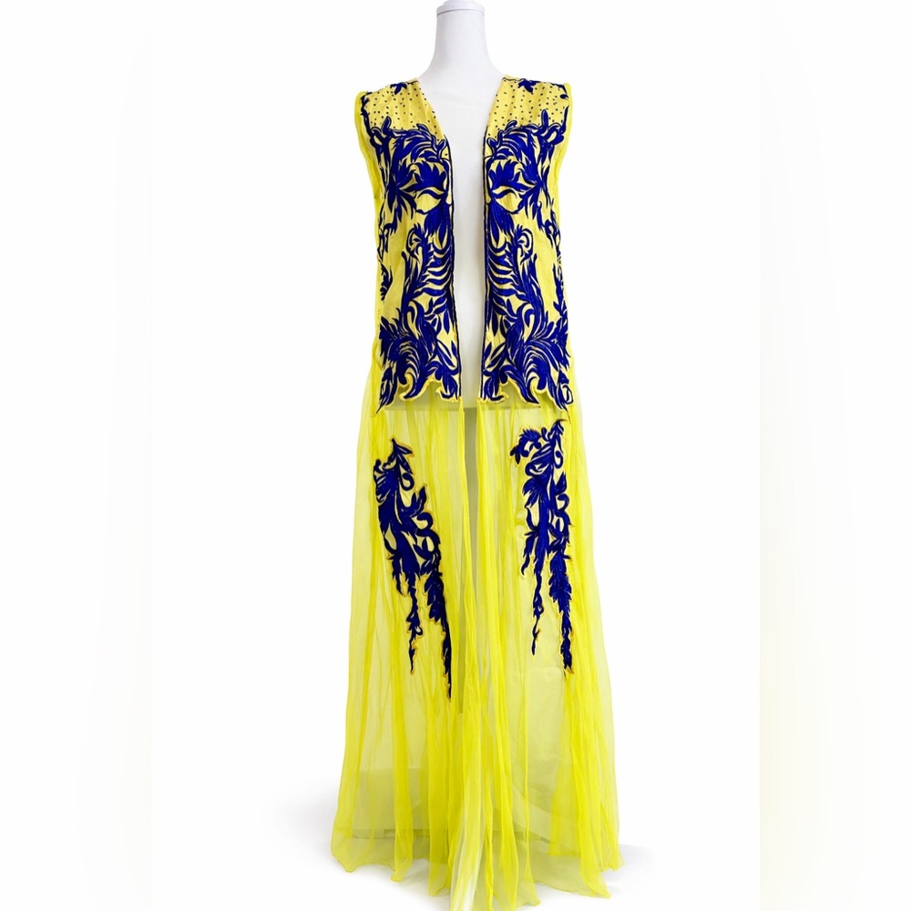 Sheer Yellow Open Front Kaftan with Blue Appliqué